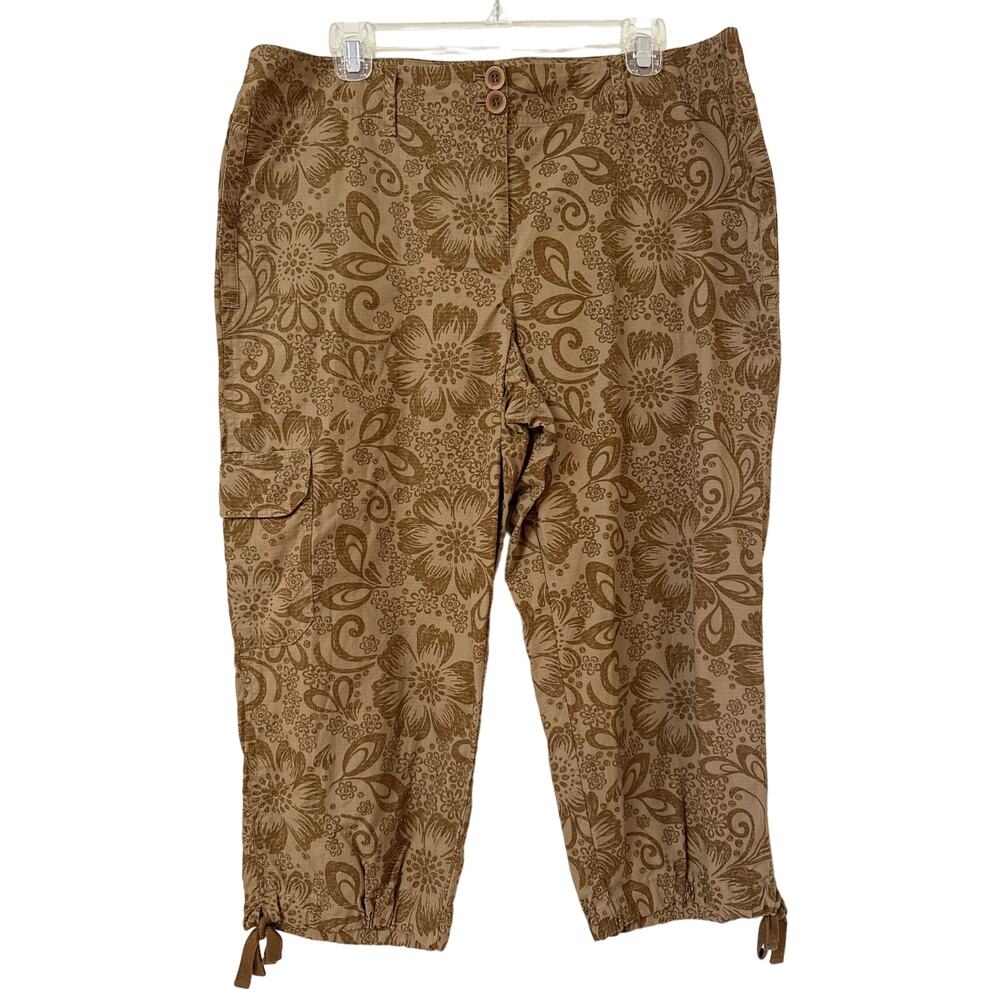 Liz & Co Size 14 Capris Brown Floral Design Slip Pockets 2 Button Zip Closure